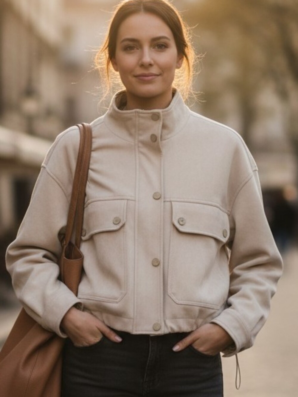 Pull&Bear Beige Cropped Faux Suede Utility Jacket Beige Womens Size Medium